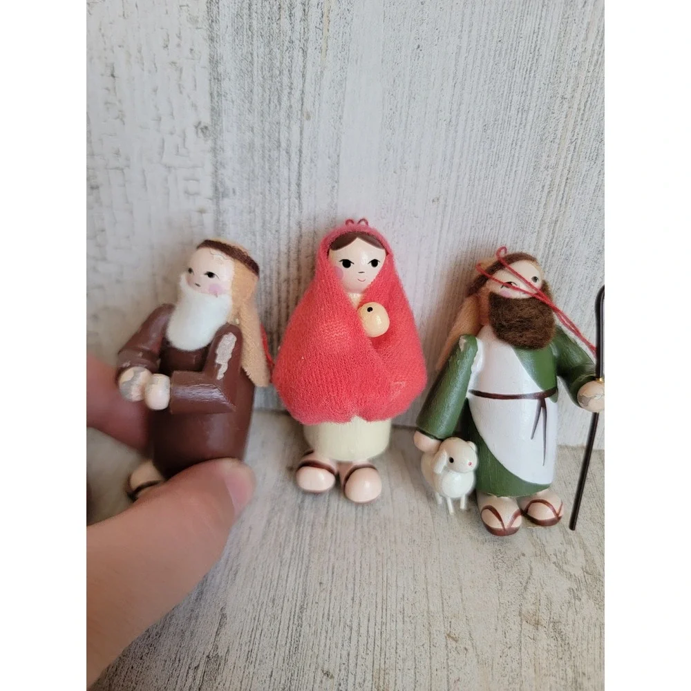 Vintage Mary Joseph nativity seeing Shepherd wooden ornament Xmas set religious